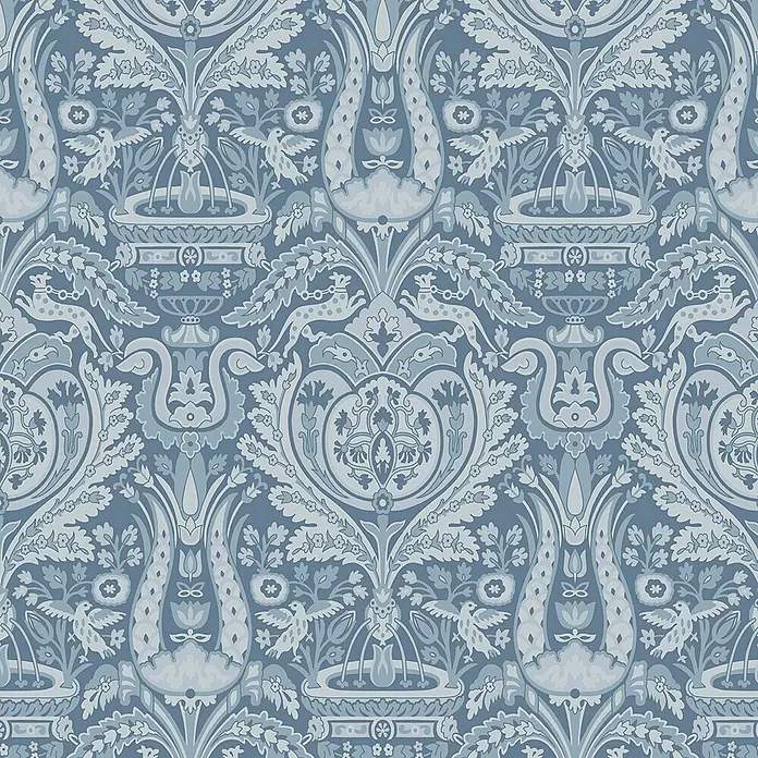 Laura Ashley Vliestapete Vliestapete Heraldic Damast - Blau, Sonstiges, 10 x 0,52 m - Symmetrische blau-graue Tapete mit sich wiederholendem Muster aus stilisierten Vögeln, Hirschen, Brunnen und Blumenmotiven.