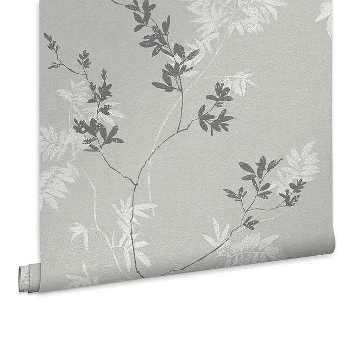 Laura Ashley Vliestapete Mari - Grün, Floral, 1.000 x 52 cm - Tapetenrolle: Hellgrün mit dunkelgrauem und weißem botanischem Blattmuster.