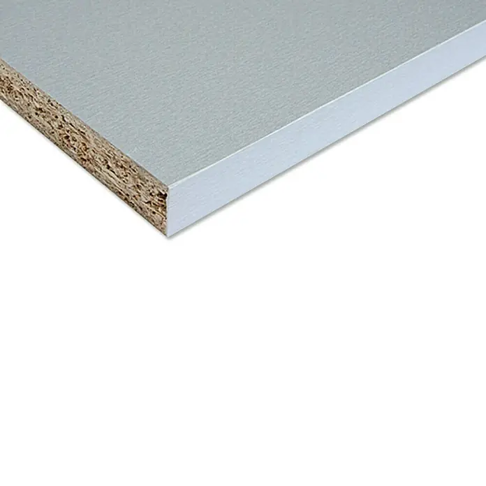 Möbelbauplatte - Silbermetallic, 260 x 20 x 1,9 cm - Nahaufnahme einer melaminharzbeschichteten Spanplatte in Silber. Das vielseitige Material für den Möbelbau und Innenausbau.