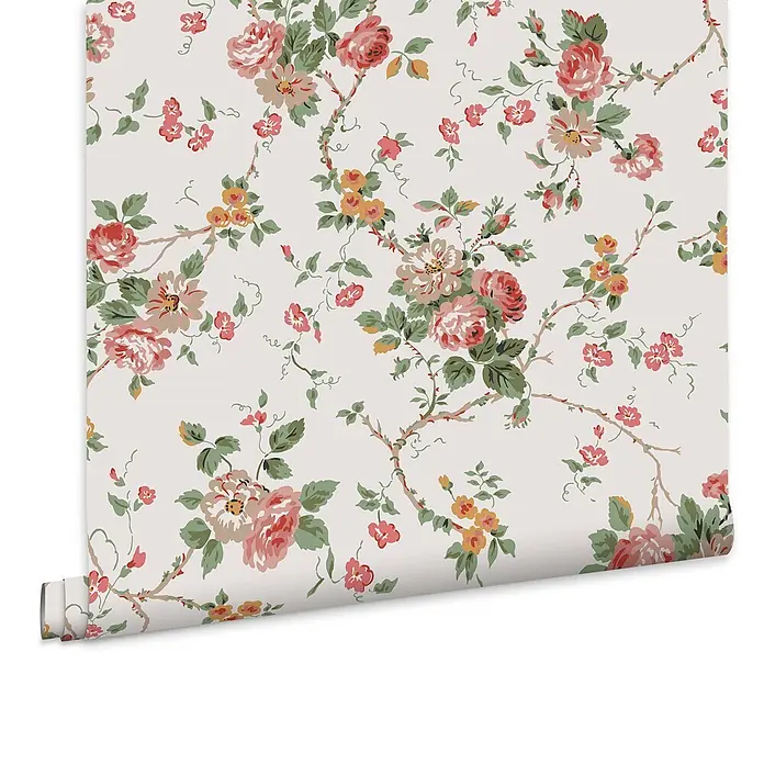 Laura Ashley Vliestapete Mountney Garten - Rosa, Floral, 1.000 x 52 cm - Blumentapetenrolle mit Vintage-Muster aus rosa, roten und gelben Rosen.