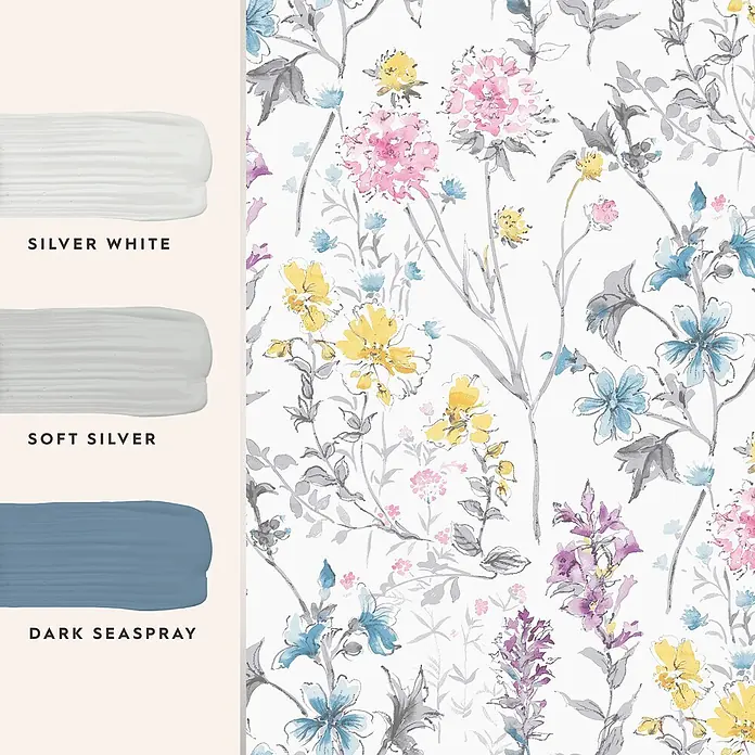 Laura Ashley Vliestapete Vliestapete Wilde Wiese - Mehrfarbig, Floral, 10 x 0,52 m - Aquarell-Blumentapete mit rosa, gelben, blauen und violetten Blüten, abgestimmt mit Farbmustern in Silberweiß, Soft Silver und Dark Seaspray.