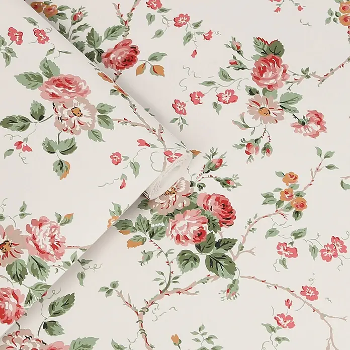 Laura Ashley Vliestapete Mountney Garten - Rosa, Floral, 1.000 x 52 cm - Weiße Blumentapetenrolle mit rosa, roten und grünen Rosenmuster.