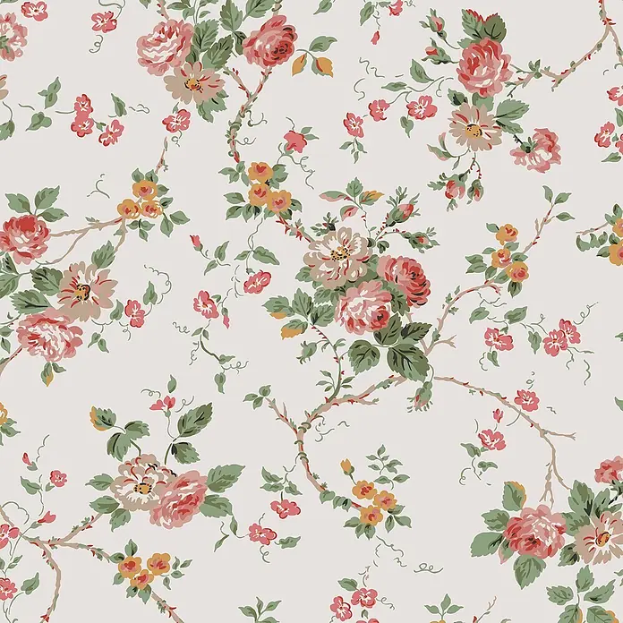 Laura Ashley Vliestapete Mountney Garten - Rosa, Floral, 1.000 x 52 cm - Vintage-Blumenmuster mit rosa und roten Rosen, gelben und kleinen roten Blüten sowie grünen Blättern auf geschwungenen Ästen.