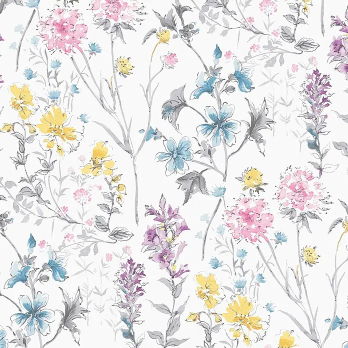 Laura Ashley Vliestapete Vliestapete Wilde Wiese - Mehrfarbig, Floral, 10 x 0,52 m - Aquarell-Blumenmuster mit rosa, gelben, blauen und lila Blüten und grauem Laub.