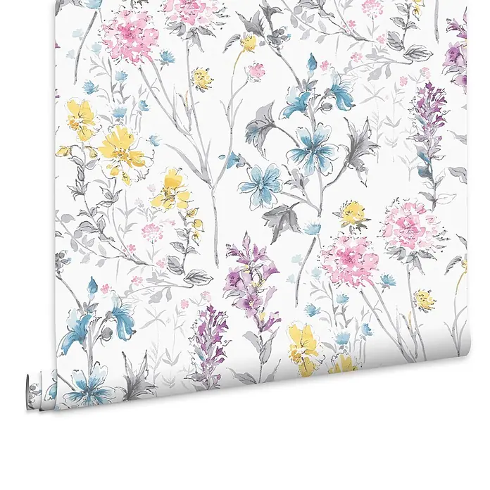Laura Ashley Vliestapete Vliestapete Wilde Wiese - Mehrfarbig, Floral, 10 x 0,52 m - Aquarell-Blumentapetenrolle mit rosa, gelben, blauen und violetten Blüten und grauem Laub.