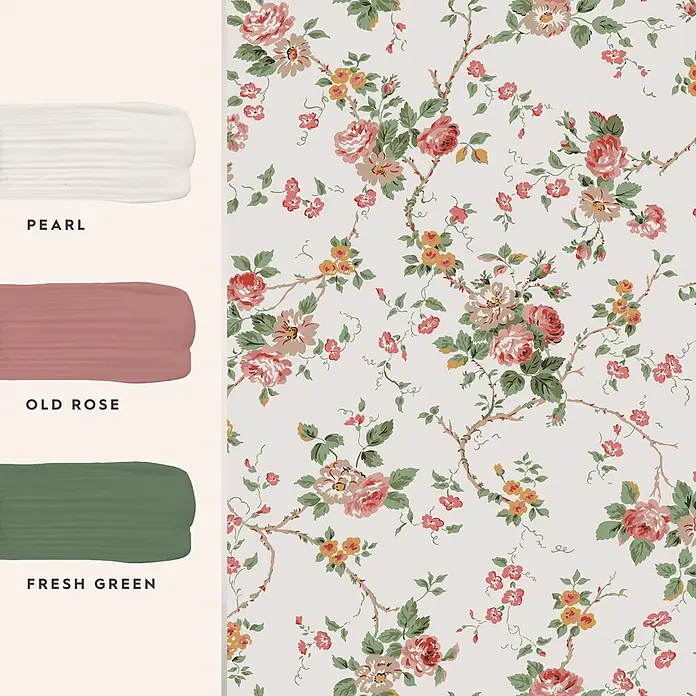 Laura Ashley Vliestapete Mountney Garten - Rosa, Floral, 1.000 x 52 cm - Florale Tapete mit rosa, roten, gelben Rosen und grünen Blättern, passend zu Perle, Altrosa und Frühlingsgrün.