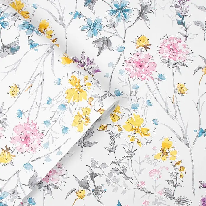 Laura Ashley Vliestapete Vliestapete Wilde Wiese - Mehrfarbig, Floral, 10 x 0,52 m - Tapetenrolle mit Blumenmuster in Gelb, Blau, Rosa.