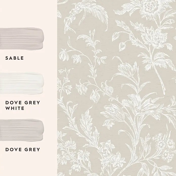 Laura Ashley Vliestapete Lloyd - Beige, Floral, 1.000 x 52 cm - Helle beigefarbene Tapete mit weißem Blumenmuster und drei passenden Farbmustern: Sable, Dove Grey White, Dove Grey.
