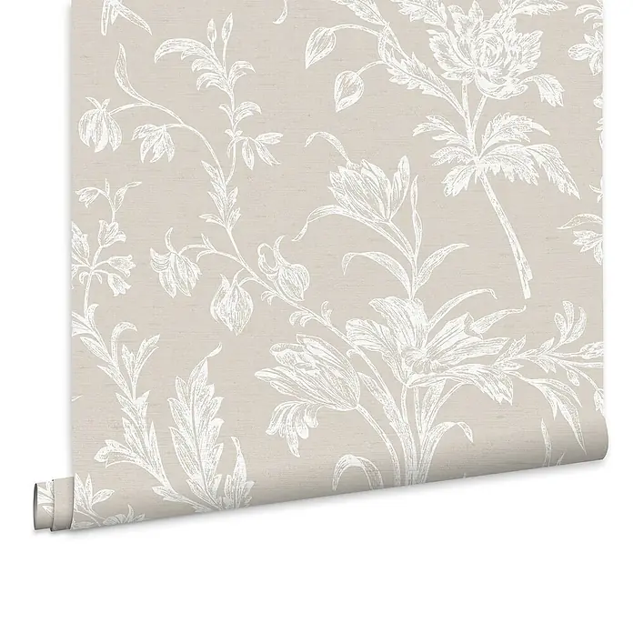 Laura Ashley Vliestapete Lloyd - Beige, Floral, 1.000 x 52 cm - Rolle hellbeiger Tapete mit aufwendigem weißem Blumenmuster.