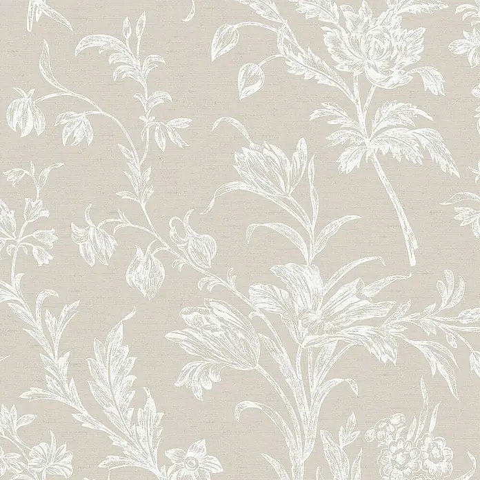 Laura Ashley Vliestapete Lloyd - Beige, Floral, 1.000 x 52 cm - Beige Tapete mit aufwendigem weißem Blumen- und Botanikmuster.