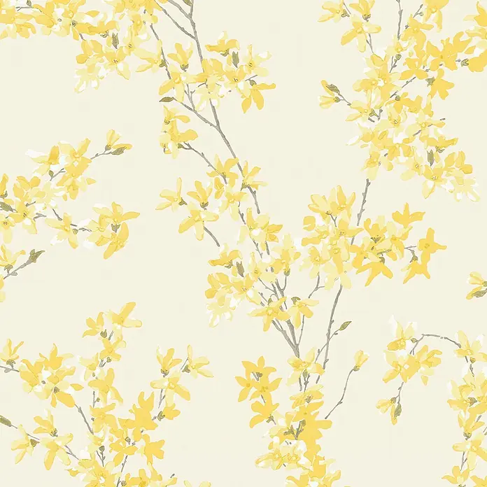 Laura Ashley Vliestapete Vliestapete Forstyhia Blumen - Gelb, Floral - Nahtloses Muster gelber Forsythienblüten auf zarten Zweigen, Aquarellstil.