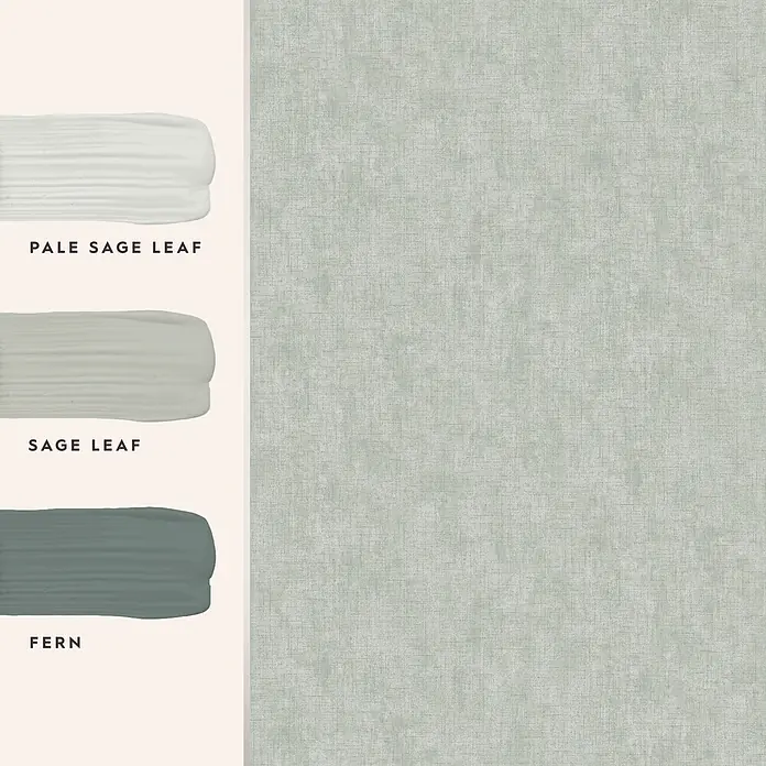 Laura Ashley Vliestapete Einfarbig - Grün, Uni, 1.000 x 52 cm - Strukturierte hellgrüne Salbeitapetenprobe, begleitet von Farbmustern in passenden Salbeitönen.