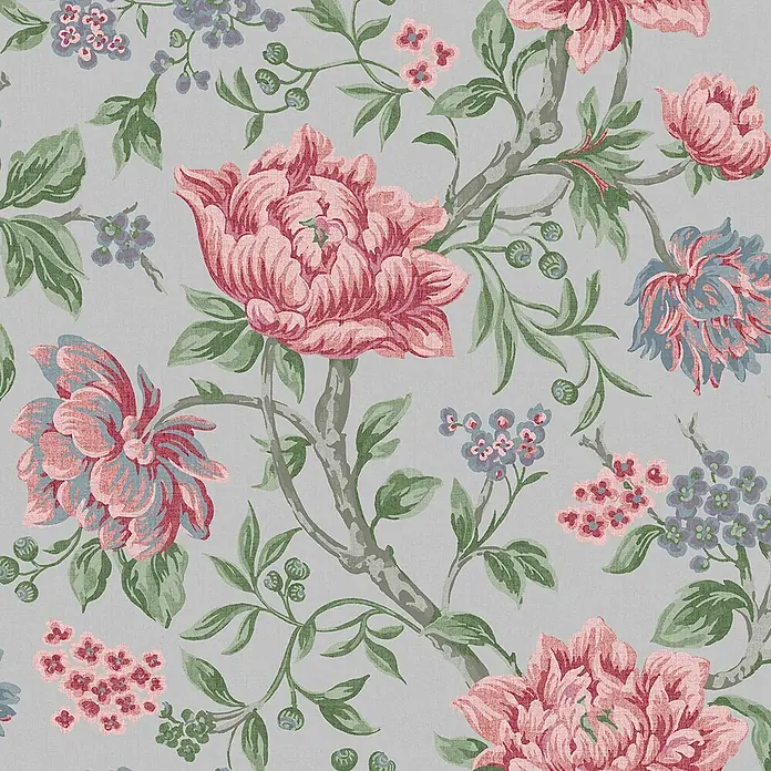 Laura Ashley Vliestapete Blumen - Grau, Floral, 1.000 x 52 cm - Großes rosa-blaues Blumenmuster mit grünen Blättern und kleinen Beeren.