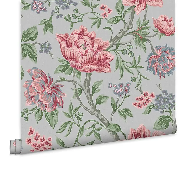 Laura Ashley Vliestapete Blumen - Grau, Floral, 1.000 x 52 cm - Florale Tapete in Pink, Blau und Grün, teilweise abgerollt.