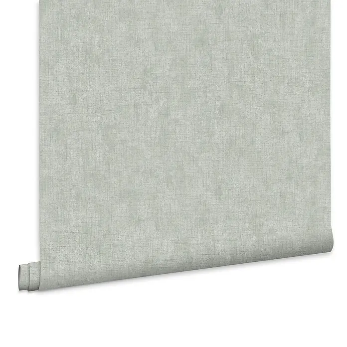 Laura Ashley Vliestapete Einfarbig - Grün, Uni, 1.000 x 52 cm - Eine Rolle hellgrüne strukturierte Tapete mit subtilem Leinenmuster, teilweise abgerollt.