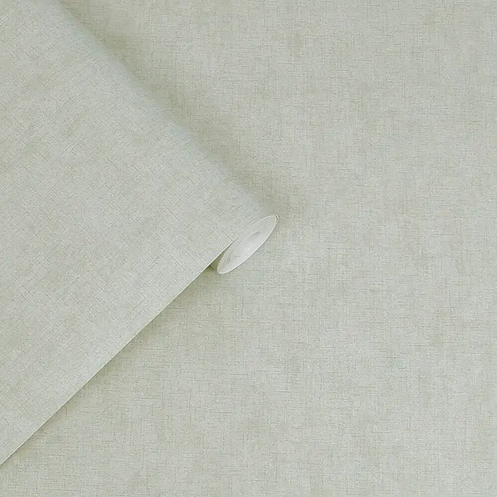 Laura Ashley Vliestapete Einfarbig - Grün, Uni, 1.000 x 52 cm - Hellgrüne, leinenstrukturierte Tapetenrolle, teilweise ausgerollt.