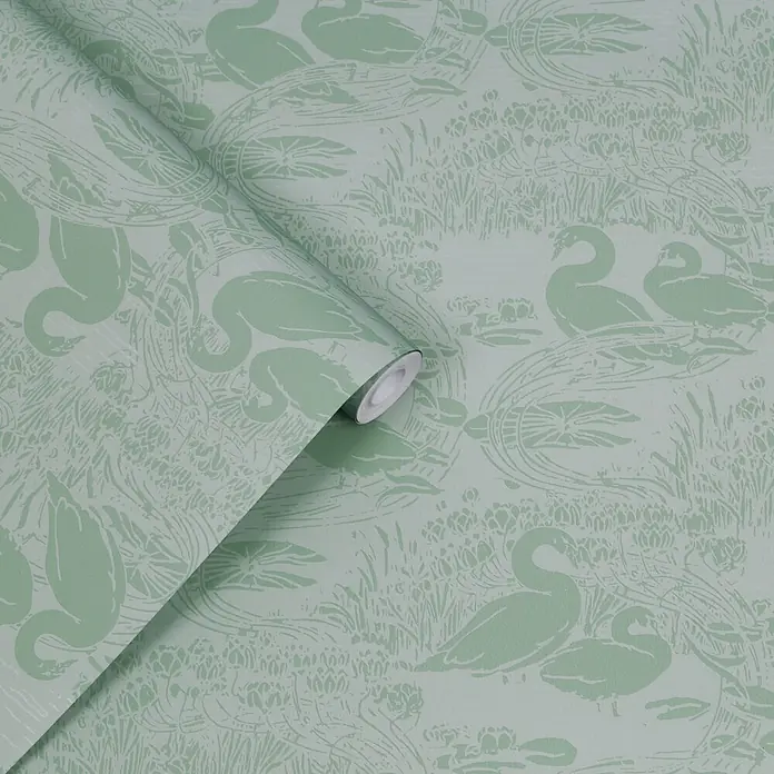 Laura Ashley Vliestapete Schwäne - Grün, Tieroptik, 1.000 x 52 cm - Rolle hellgrüner Tapete mit stilisiertem Schwanen-, Seerosen- und Schilfmuster.