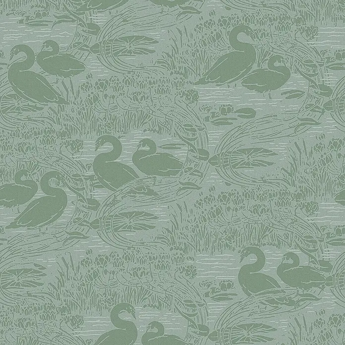 Laura Ashley Vliestapete Schwäne - Grün, Tieroptik, 1.000 x 52 cm - Salbeigrünes Muster mit Schwänen, Enten und Seerosen in einer Teichszene.