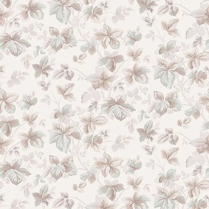 Laura Ashley Vliestapete Libelle Garten - Beige, Floral, 1.000 x 52 cm - Nahtloses Blumenmuster mit verschlungenen Blättern und Ranken in gedämpftem Beige und Hellgrün.