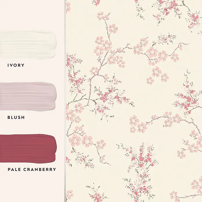 Laura Ashley Vliestapete orientalische Blüte - Rosa, Floral, 1.000 x 52 cm - Kirschblüten-Tapetenmuster in Rosa- und Violetttönen, mit Farbmuster in Elfenbein, Rouge und Blass-Cranberry.