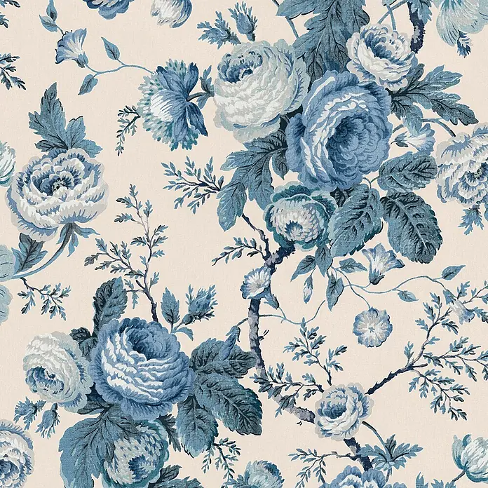 Laura Ashley Vliestapete elegante Rosen - Blau, Floral, 1.000 x 52 cm - Blauer und weißer Blumenstoffmuster mit Rosen und zartem Laub.