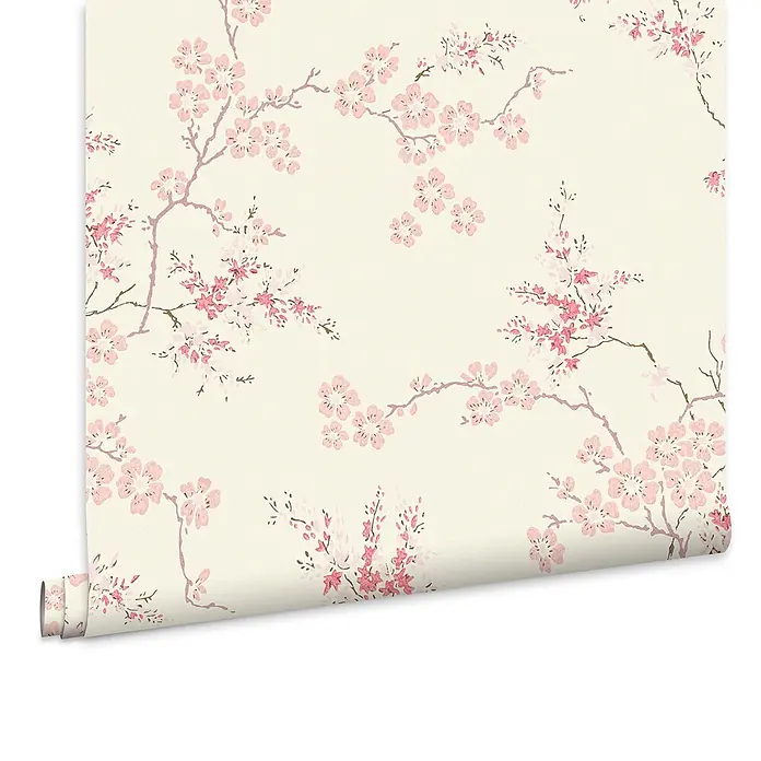 Laura Ashley Vliestapete orientalische Blüte - Rosa, Floral, 1.000 x 52 cm - Gerollte Tapete mit hellcremefarbenem Hintergrund und rosa Kirschblütenmuster.
