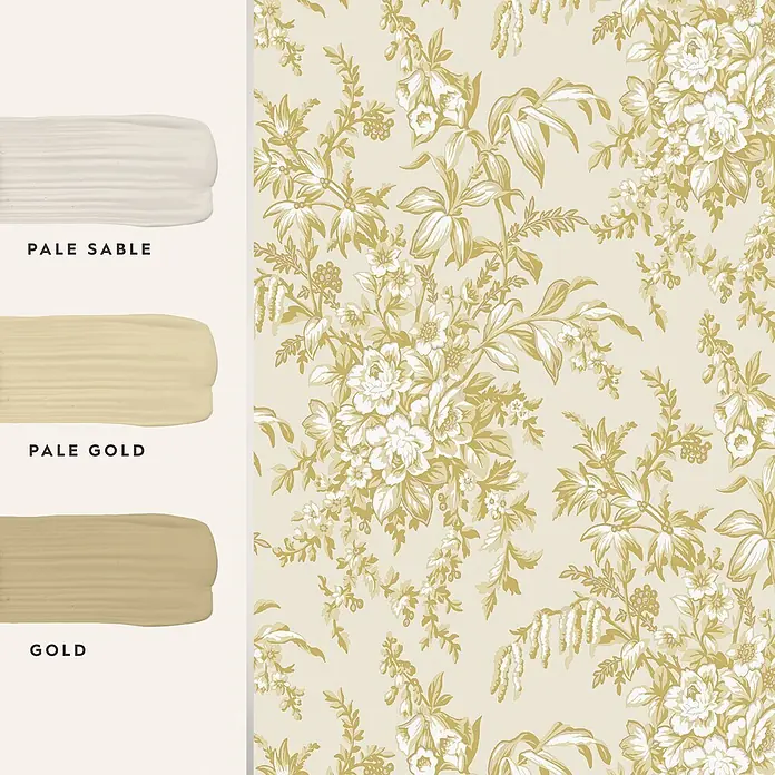 Laura Ashley Vliestapete Picardie - Gelb, Floral, 1.000 x 52 cm - Drei Farbmuster (Pale Sable, Pale Gold, Gold) neben einer floralen Tapete in passenden Creme- und Goldtönen.