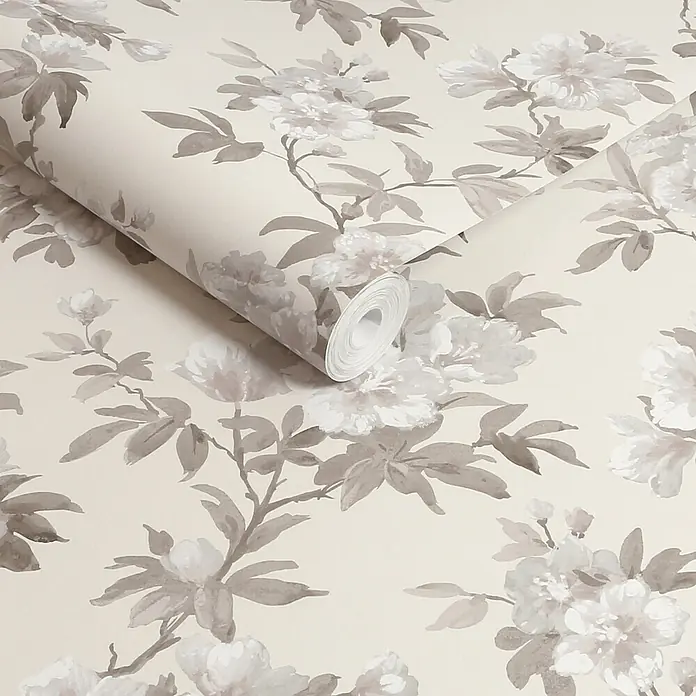 Laura Ashley Vliestapete Rosamund - Naturbelassen, Floral, 1.000 x 52 cm - Gerollte und ausgerollte Tapete mit mattem Blumenmuster in Hellbeige- und Grautönen.