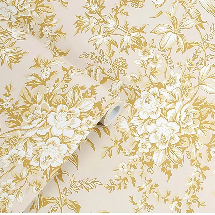 Laura Ashley Vliestapete Picardie - Gelb, Floral, 1.000 x 52 cm - Cremefarbene Tapetenrolle mit goldenem und weißem Blumenmuster.