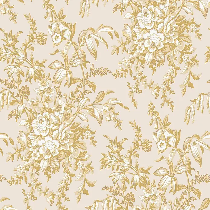 Laura Ashley Vliestapete Picardie - Gelb, Floral, 1.000 x 52 cm - Nahtloses Blumenmuster mit weißen und goldgelben Blüten und Blättern.