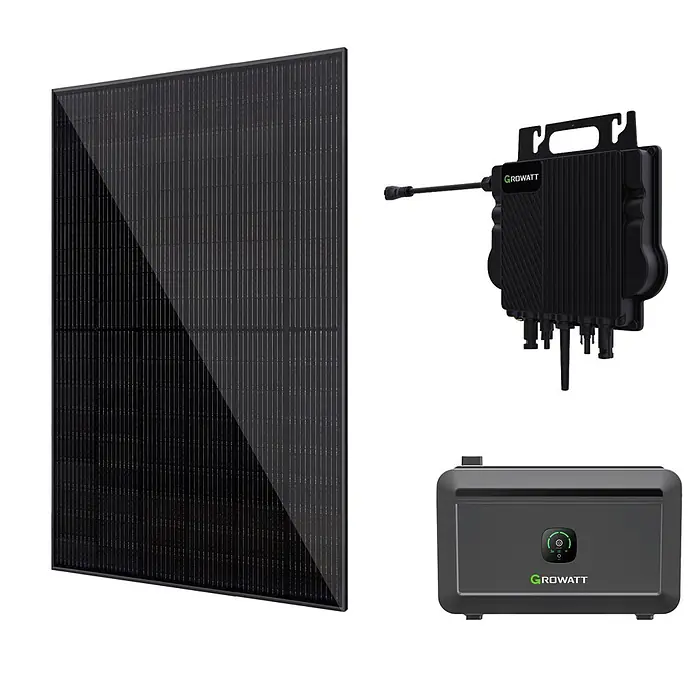 Solarmodul-Set HT54-18X(ND)-F - 0% MwSt. (gem. § 12 Abs. 3 UStG) - Nennleistung: 450 W, L x B x H: 3 x 113,4 x 172,2 cm, 1 Stk. - GROWATT schwarzes Solarpanel, ein schwarzer Mikro-Wechselrichter und eine dunkelgraue Batteriespeichereinheit für Solaranlagen.
