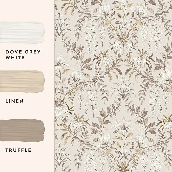 Laura Ashley Vliestapete Vintage Blumen - Naturbelassen, Floral, 1.000 x 52 cm - Blumentapete in Beige-, Weiß- und Brauntönen, mit passenden Farbproben: Dove Grey White, Leinen, Trüffel.