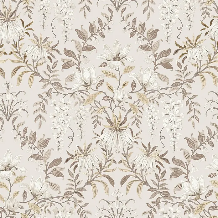 Laura Ashley Vliestapete Vintage Blumen - Naturbelassen, Floral, 1.000 x 52 cm - Nahtloses, reich verziertes Blumenmuster mit weißen und beigefarbenen Magnolien, Glyzinien und Fritillaria-Blüten und Blättern.