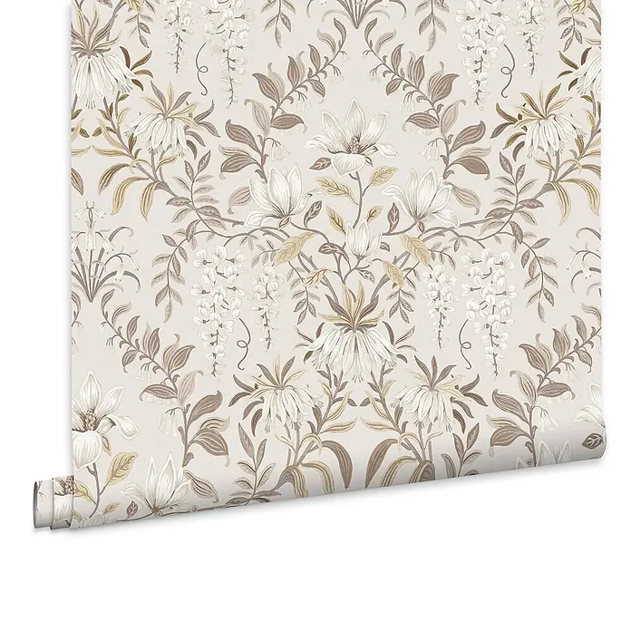 Laura Ashley Vliestapete Vintage Blumen - Naturbelassen, Floral, 1.000 x 52 cm - Tapetenrolle mit beigem und braunem Glyzinien- und Magnolienblumenmuster.