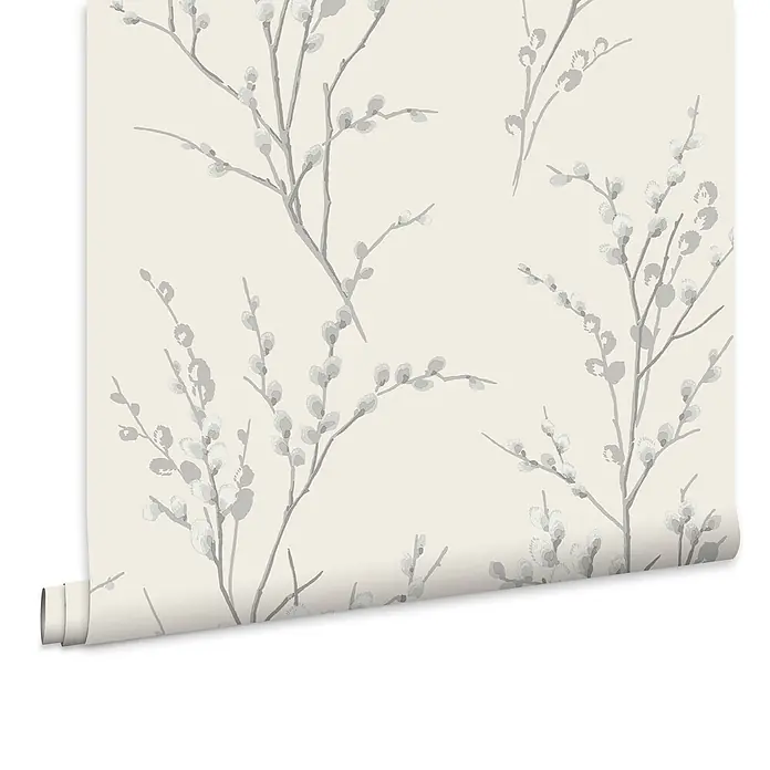 Laura Ashley Vliestapete Weidenkätzchen - Grau/Weiß, Floral, 1.000 x 52 cm - Gerollte Tapete mit hellgrauem Weidenzweig- und Kätzchenmuster.