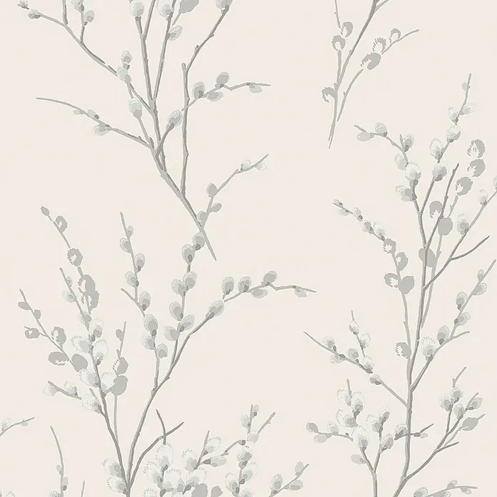 Laura Ashley Vliestapete Weidenkätzchen - Grau/Weiß, Floral, 1.000 x 52 cm - Muster aus zarten grauen Weidenzweigen mit flauschigen weißen Kätzchen.