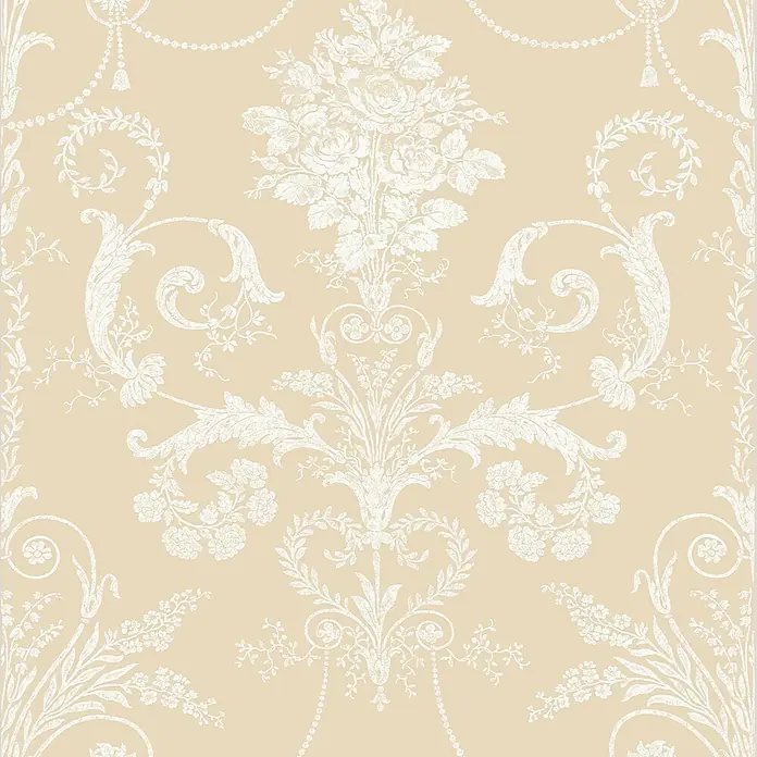Laura Ashley Vliestapete Josette Damast - Leinen, Floral, 1.000 x 52 cm - Opulentes weißes Blumen- und Damastmuster auf beigem Hintergrund, geeignet für Tapete oder Stoff.