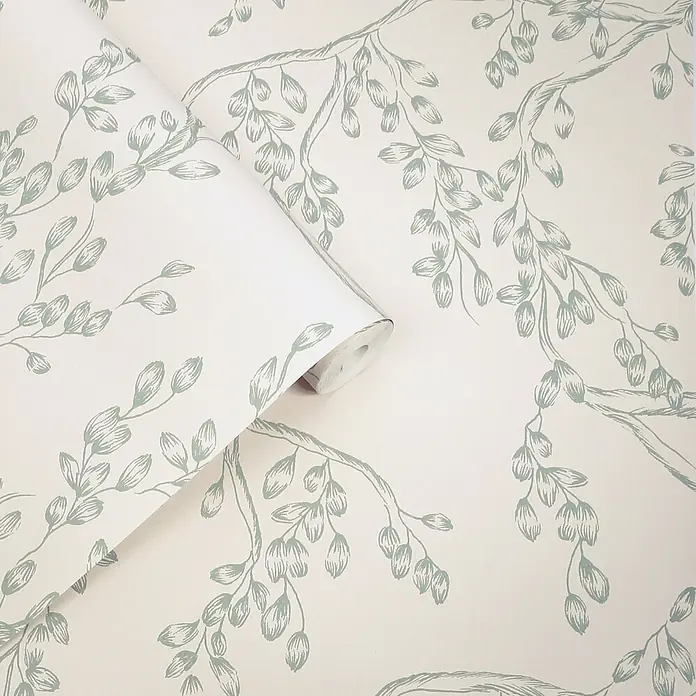 Laura Ashley Vliestapete Weidenzweige - Salbeigrün, Floral, 1.000 x 52 cm - Hellgrüne Tapetenrolle mit botanischem Muster.