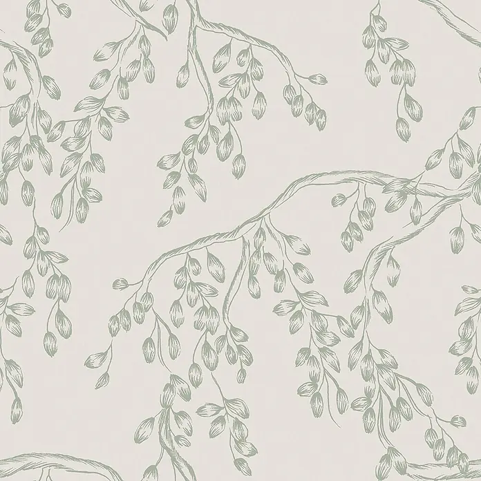Laura Ashley Vliestapete Weidenzweige - Salbeigrün, Floral, 1.000 x 52 cm - Nahtloses botanisches Muster mit hellgrünen Zweigen und kleinen Beeren/Blättern.