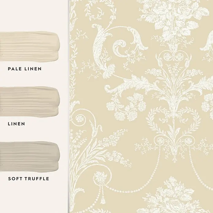 Laura Ashley Vliestapete Josette Damast - Leinen, Floral, 1.000 x 52 cm - Beigefarbene Tapete mit weißen Damast-Blumenmustern, präsentiert mit Farbmuster von Pale Linen, Linen und Soft Truffle.