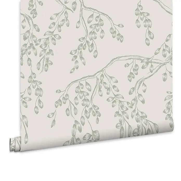 Laura Ashley Vliestapete Weidenzweige - Salbeigrün, Floral, 1.000 x 52 cm - Teilweise abgerollte Tapetenrolle mit zartem hellgrünem botanischem Muster auf hellem Beigegrund.