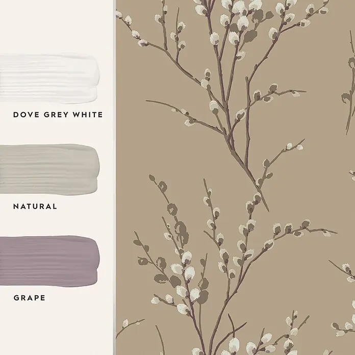 Laura Ashley Vliestapete Weidenkätzchen - Braun, Floral, 1.000 x 52 cm - Weidenkätzchen-Tapete in Beige, Weiß, Violettbraun und passende Farbproben (Taubengrau-Weiß, Natur, Grape).