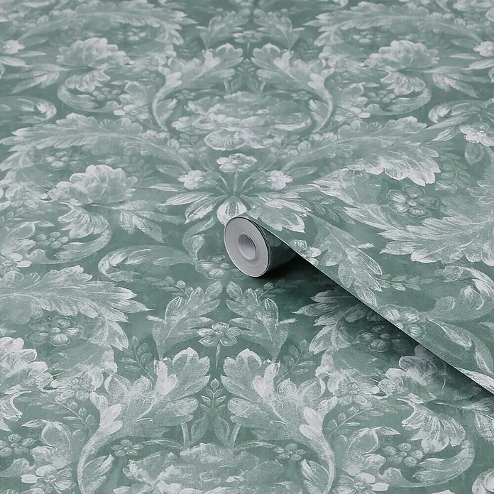 Laura Ashley Vliestapete Vliestapete Apolline - Grün, Floral, 10 x 0,52 m - Salbeigrüner Tapetenrolle mit weißem floralem Damastmuster.