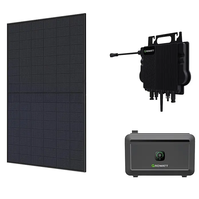 TCL Solarmodul-Set T Class - 0% MwSt. (gem. § 12 Abs. 3 UStG) - Nennleistung: 450 W, L x B x H: 3 x 113,4 x 176,2 cm, 1 Stk. - Schwarzes Solarpanel, schwarzer Solarwechselrichter und schwarze Batteriespeichereinheit für ein Solarsystem.