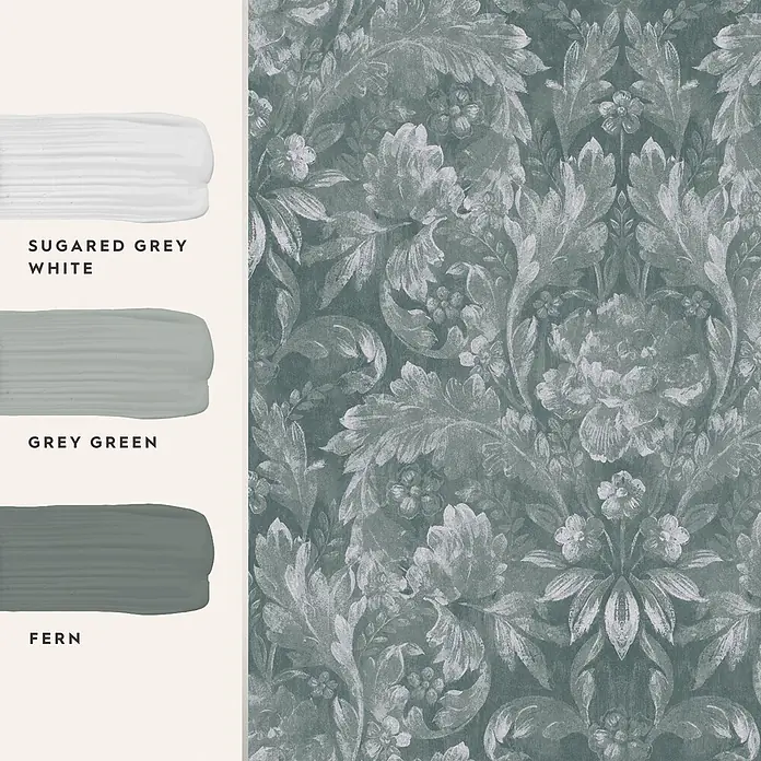 Laura Ashley Vliestapete Vliestapete Apolline - Grün, Floral, 10 x 0,52 m - Grünlich-graue Mustertapete mit weißen, kunstvollen Blumen- und Blattmotiven, zusammen mit Farbmuster Sugared Grey White, Grey Green und Fern.