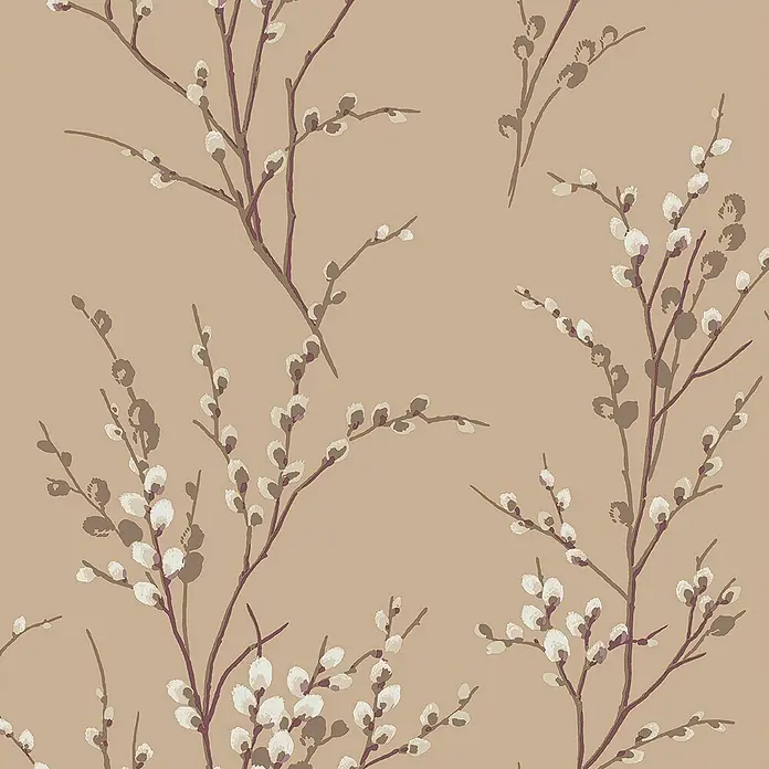 Laura Ashley Vliestapete Weidenkätzchen - Braun, Floral, 1.000 x 52 cm - Tapete mit Weidenkätzchen-Muster. Dunkle Äste und weiß-violette Knospen auf warmbeigem Hintergrund.