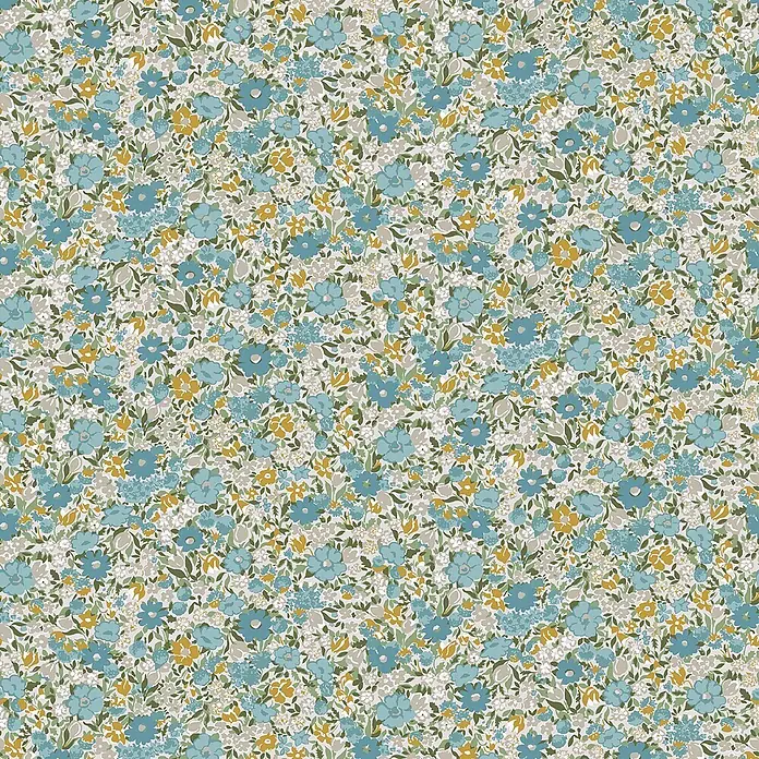 Laura Ashley Vliestapete Vliestapete Loveston Chrysanthemen - Blau, Floral, 10 x 0,52 m - Dichtes florales Muster mit kleinen blauen, türkisen, gelben und grünen Blumen und Blättern.