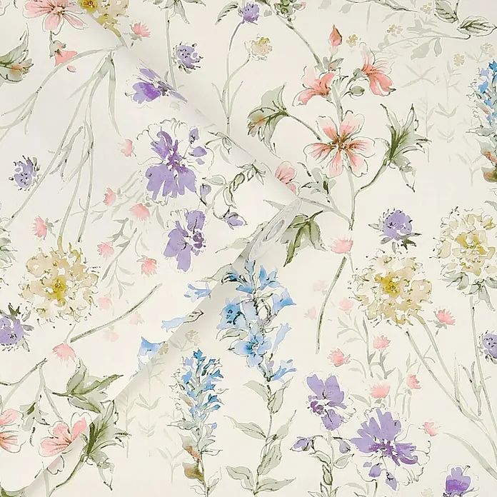 Laura Ashley Vliestapete Vliestapete Wildwiese - Rosa, Floral - Zarte Blumen-Tapete in Aquarell-Stil mit rosa, lila, gelben und blauen Blüten sowie grünen Blättern auf hellem Grund, teilweise gerollt.
