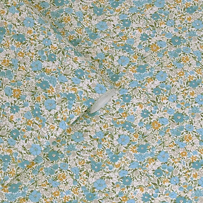 Laura Ashley Vliestapete Vliestapete Loveston Chrysanthemen - Blau, Floral, 10 x 0,52 m - Blumenmuster-Tapetenrolle mit blauen, gelben und grünen Blumen.