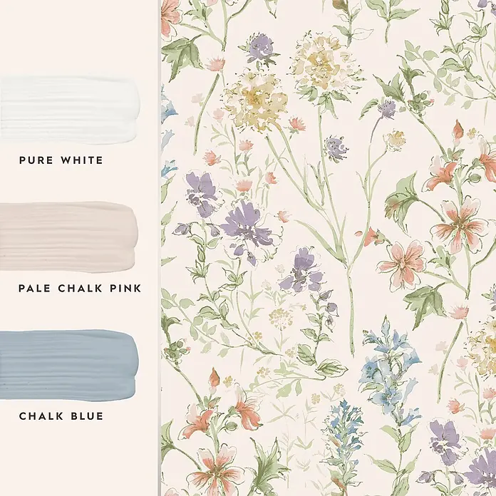 Laura Ashley Vliestapete Vliestapete Wildwiese - Rosa, Floral - Florale Tapete, Aquarellblumen in Grün, Pfirsich, Lila, Gelb, Blau und passenden Farbmustern.